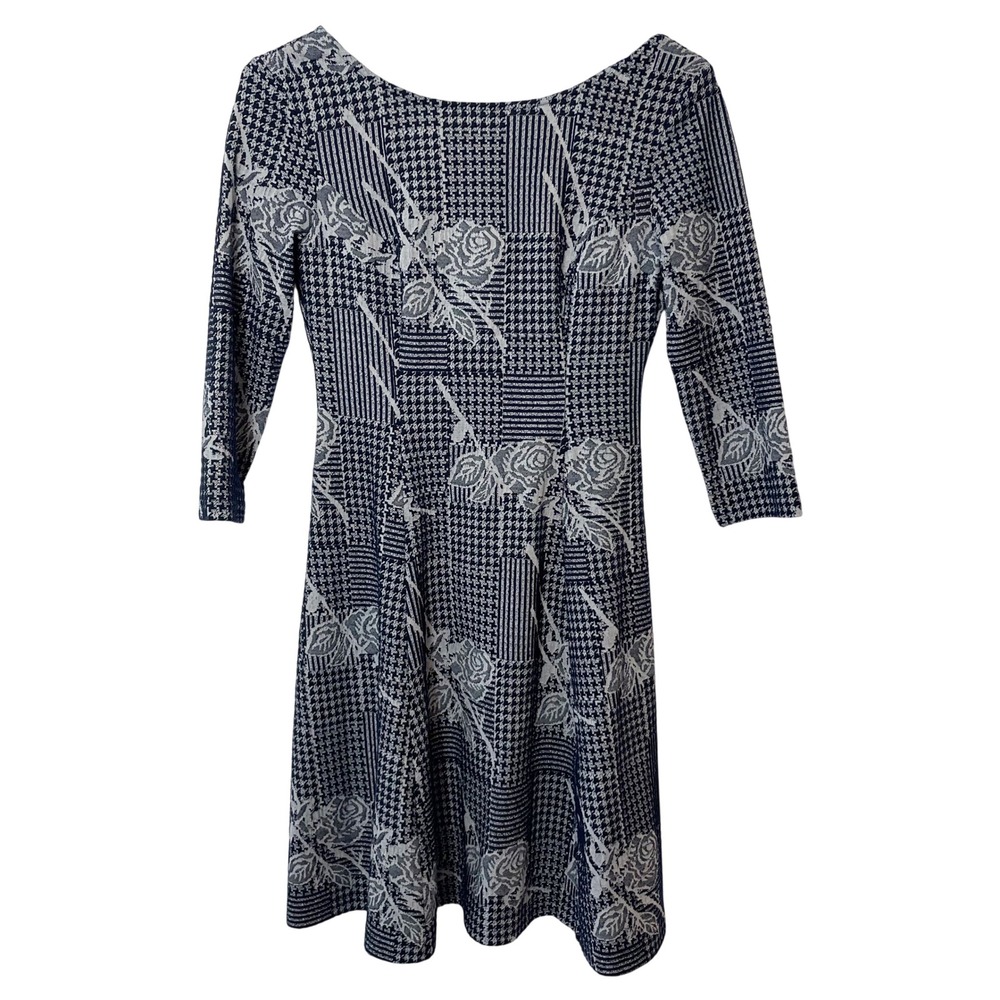 Modcloth Houndstooth‎ Floral Fit & Flare Mini Dress Navy S Scoop Back 3/4 Sleeve